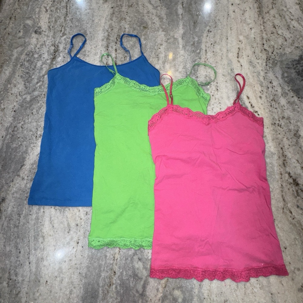 Aeropostale Lot Of 3 Y2K Lace Trim Sz Large Camisole Tank Tops Blue Green Pink